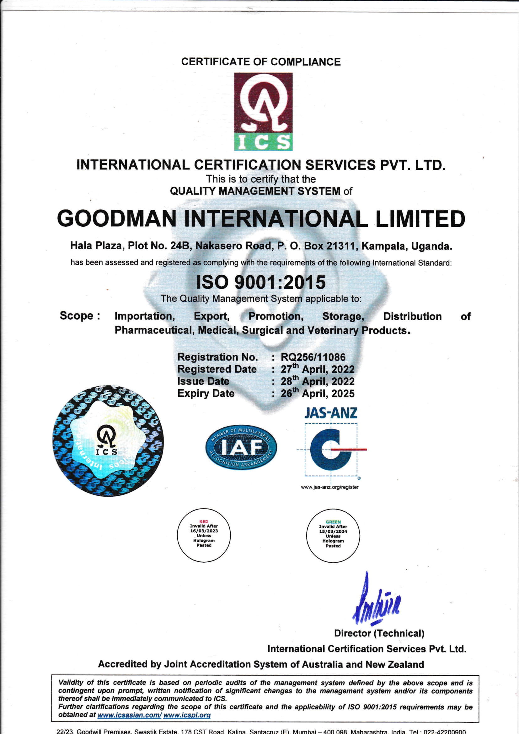 goodman certificate